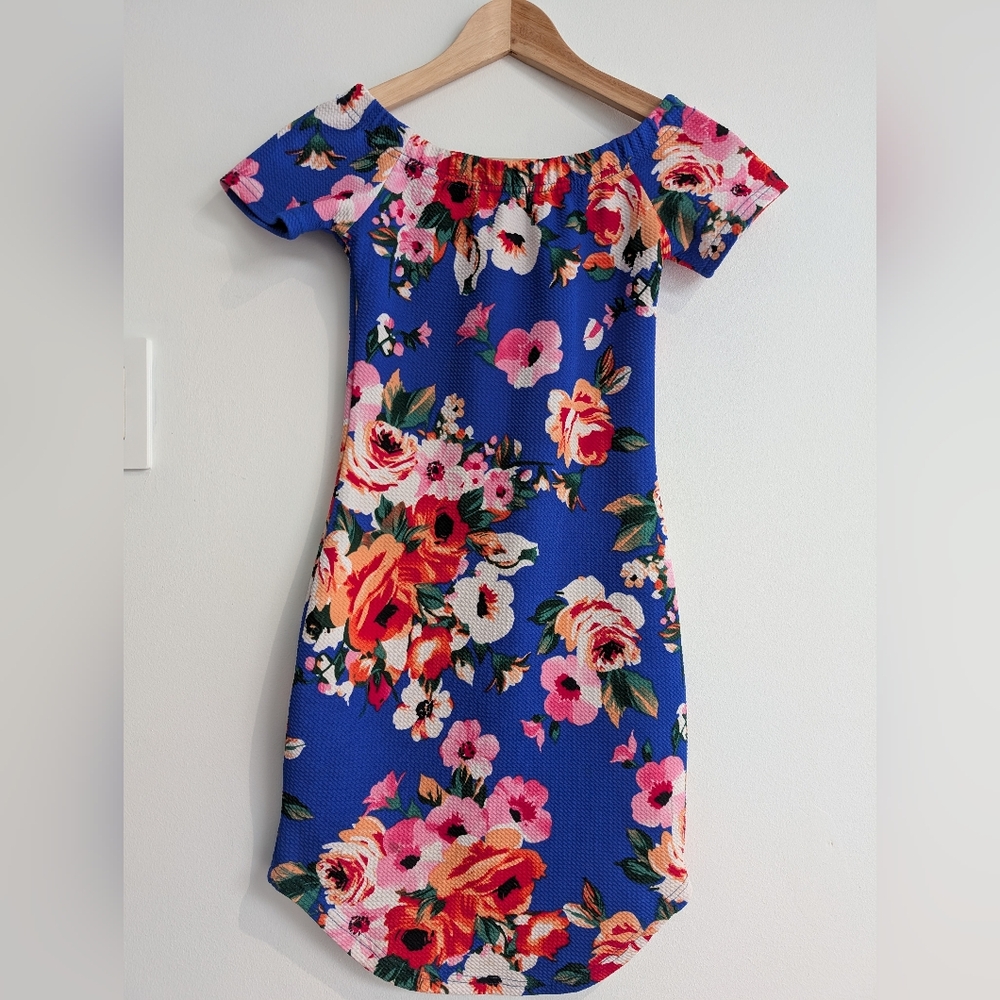 Revamped Royal blue Floral Off-Shoulder Mini Dress fits Size XS